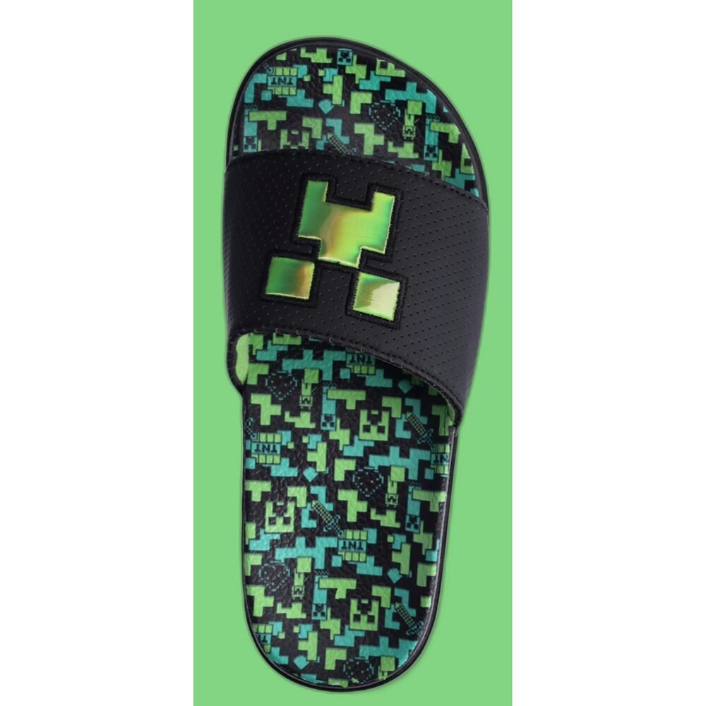 Minecraft Boys Pixelated Green Creeper Slide Sandals Black Shoes Size 4-5 NWT